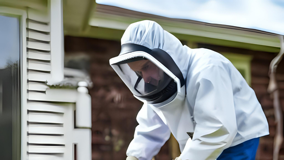 Licensed technician in protective gear working at a house
